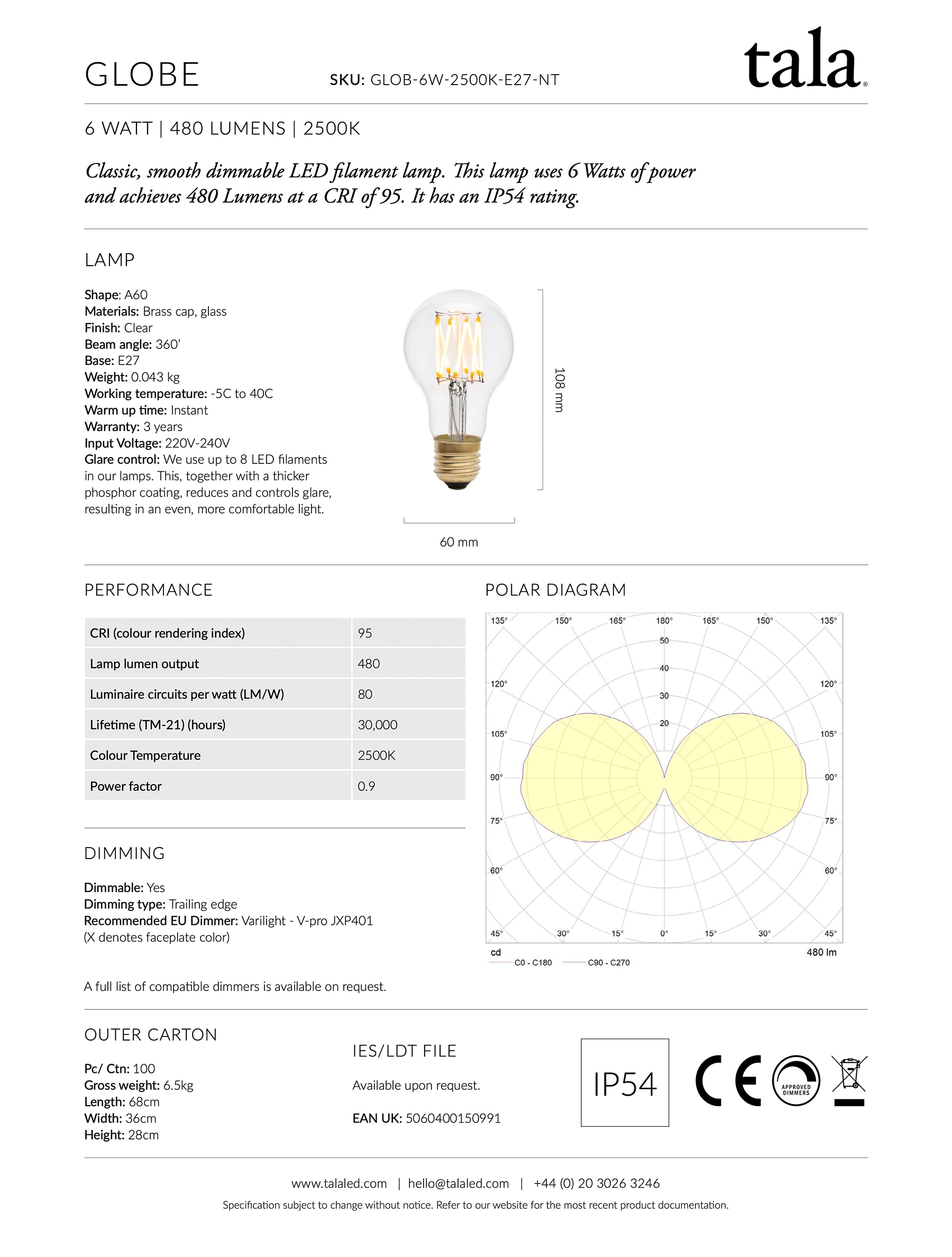 Tala Globe LED bulb 6W E27, dimmable